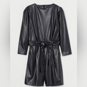 H&M Black Faux Leather Romper Relaxed Fit Puff Sleeves Belted